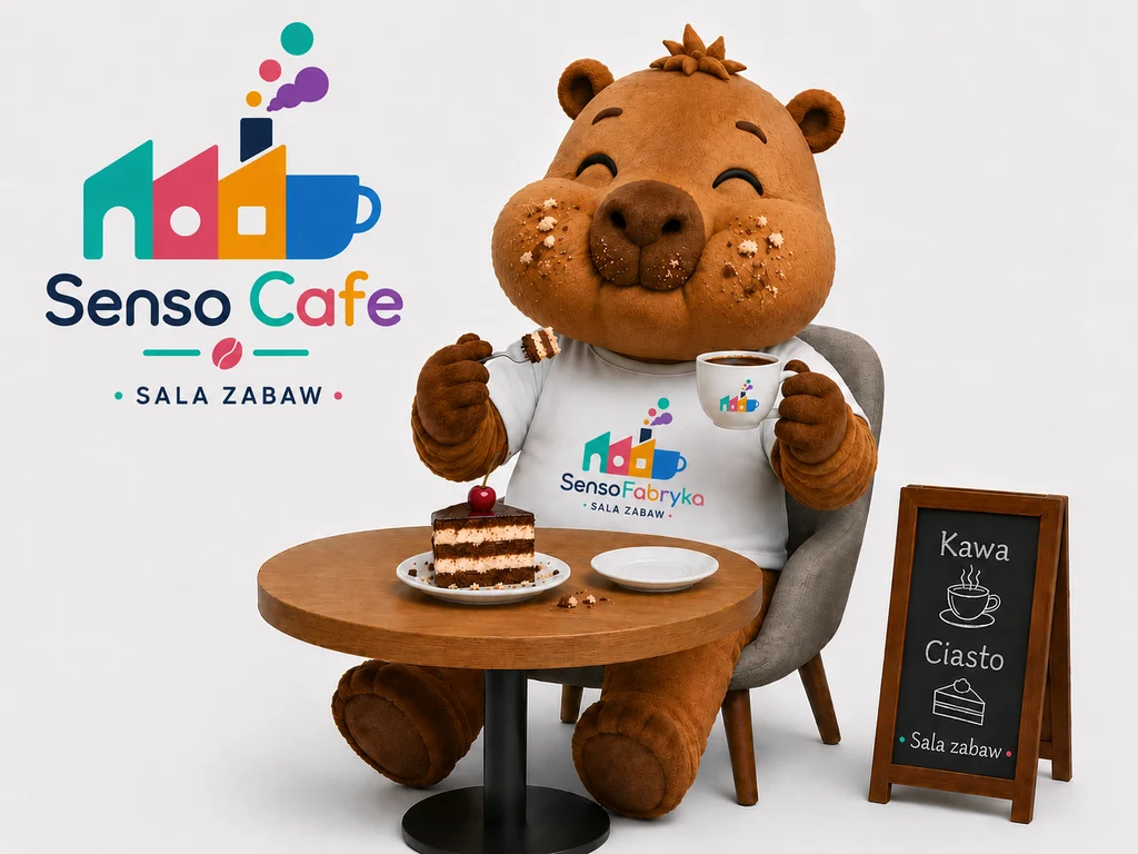 Sensuś przy stoliku Senso Cafe z kawą i ciastem